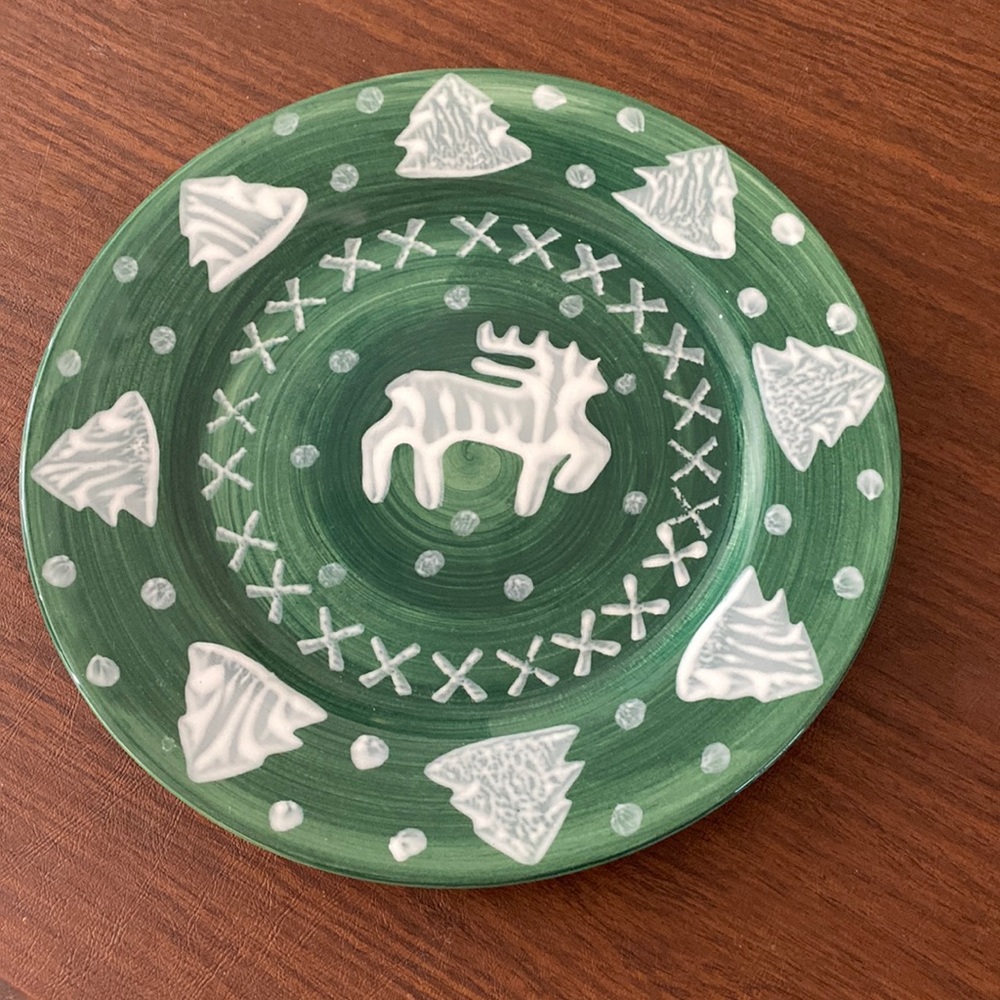 La Gioconda Large Hand painted Reindeer Platter 12” Green